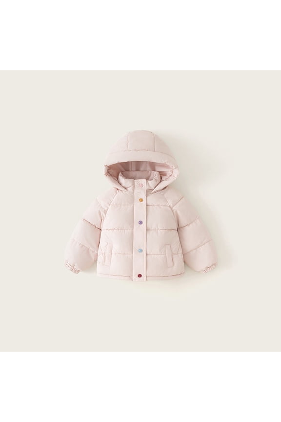 Girls Korean Style Winter Puffer Jacket, Colorful Button Down Quilted Coat with Hood, Lightweight Warm Insulated Outerwear for Fall and Winter Season Fashion Pink