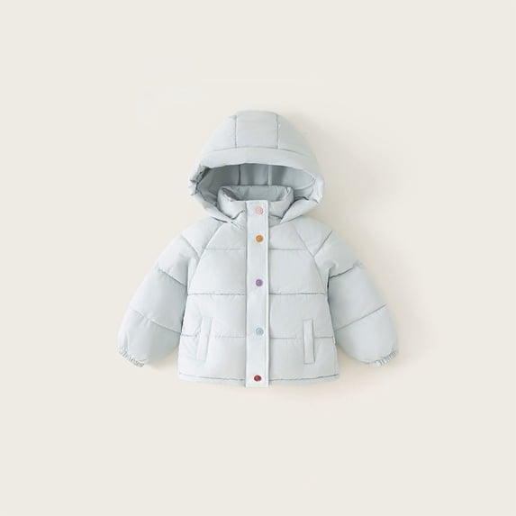Girls Korean Style Winter Puffer Jacket, Colorful Button Down Quilted Coat with Hood, Lightweight Warm Insulated Outerwear for Fall and Winter Season Fashion Sky Blue