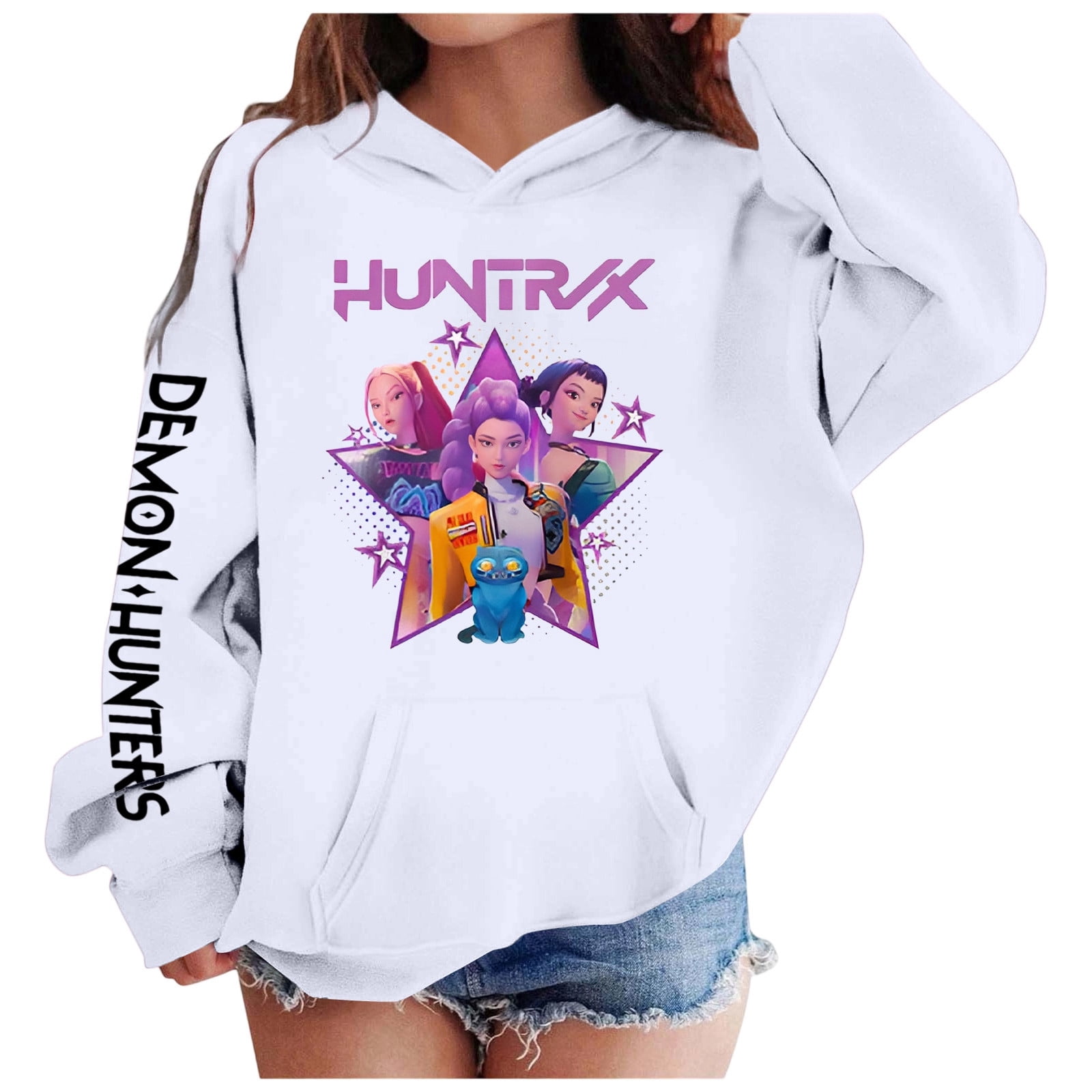 Girls' Kpop Huntrix Demon Hunter Graphic Sweatshirts Purple & Anime