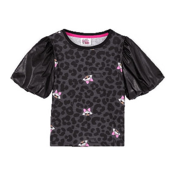 Girls' L.O.L. Surprise! Remix Leather Puff Short Sleeve T-Shirt - Black, XL(14/16)