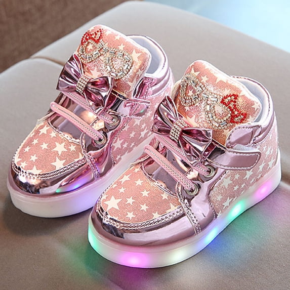 Girls LED High Top Sneakers, Light Up Flashing Trainers, Glossy Star Pattern Party Shoes for Kids Play