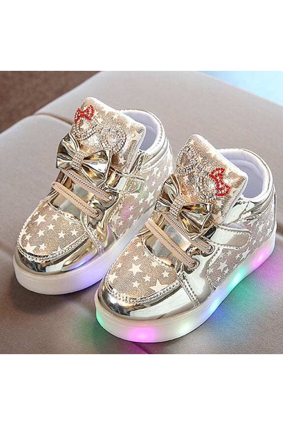 Girls LED High Top Sneakers, Light Up Flashing Trainers, Glossy Star Pattern Party Shoes for Kids Play