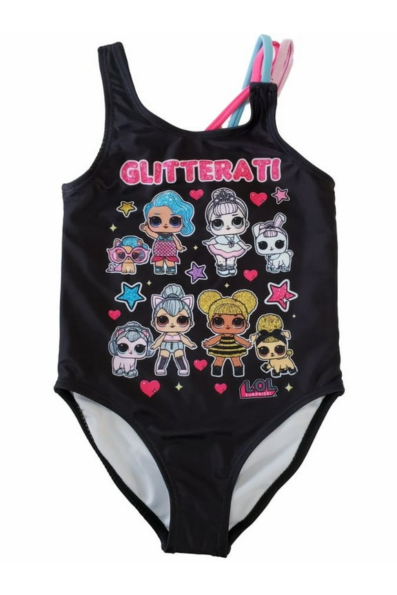 Girls LOL Surprise Glitterati Black Pink One Piece Swim Suit Summer Swimwear XS