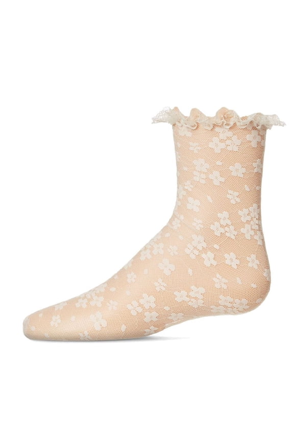 Girls Lace-Trim Lettuce-Edge Floral Net Ankle Sock - Girls - Female, 4, Winter White