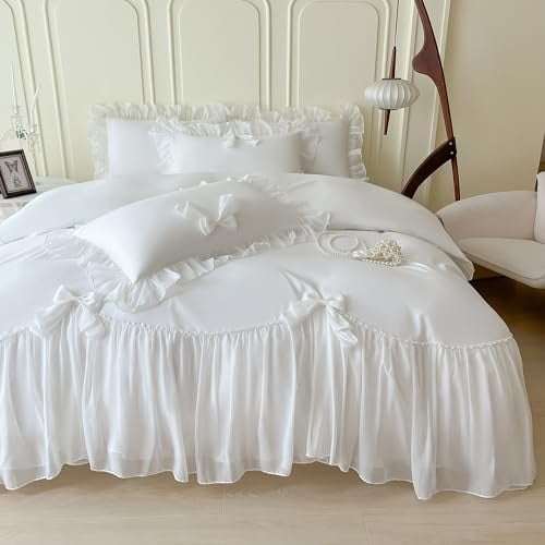 Girls Lace Bedding,Full Comforter Cover Set, Chic Ruffled Duvet Cover with Lovely Bow,Princess Style 1 Duvet Cover with 2 Pillowcases, No Comforter-White,Full Size