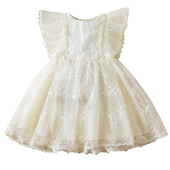 Girls Lace Dress 7-8 Floral Embroidered Flutter Sleeve Fashion Tulle Ruffle Dresses Cute Size 7 Girl Clothes, Beige, 4-5 Years