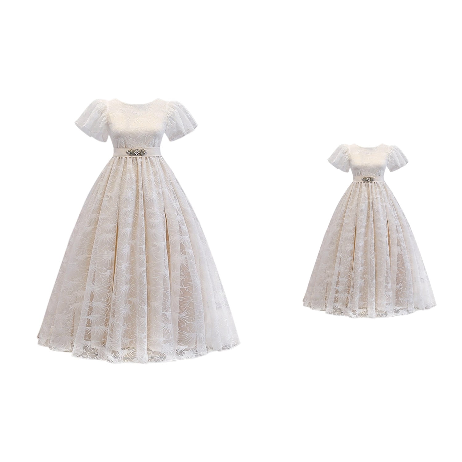 Girls Lace Dress with Belt â Elegant Floral Embroidery Tulle Tutu Gown ...