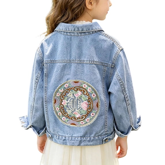 Girls Lace Floral Applique Denim Jacket Kids Lapel Button Down Light Wash Jean Coat with Pockets Blue A 11-12 Years