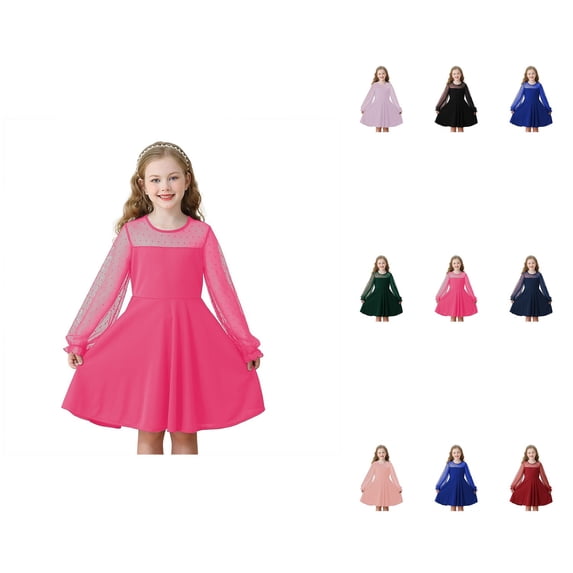 Girls Lace Long Sleeve Solid Color A-Line High Waist Short Dress with Pockets for Ages 4-15