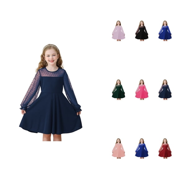 Girls Lace Long Sleeve Solid Color A-Line High Waist Short Dress with Pockets for Ages 4-15