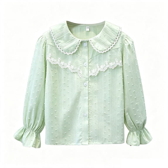 Girls Lace Peter Pan Collar Long Sleeve Blouse, Kids Textured Swiss Dot Button Down Shirt Flounce Casual School Uniform Top for Back to School Daily Outdoor Wear(Light Green,9-10 Years)