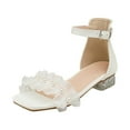 thumbnail image 1 of Girls Lace Princess Low Heels Sandals White Pearl Square Open Toe Bling Heeled Dress Summer Shoes for Wedding, 1 of 4