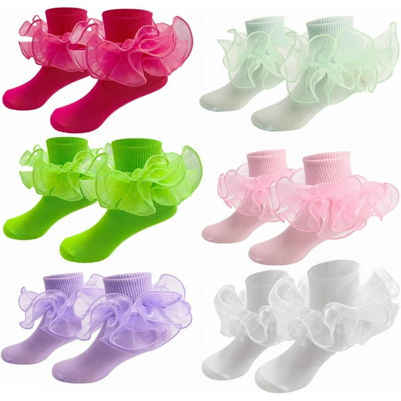 Girls Lace Ruffle Socks Double Frilly Princess Style Dress Socks Toddler Turn Cuff Socks 6 Pack