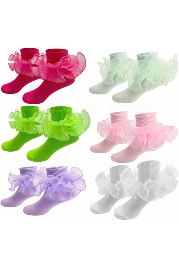 Girls Lace Ruffle Socks Double Frilly Princess Style Dress Socks Toddler Turn Cuff Socks 6 Pack