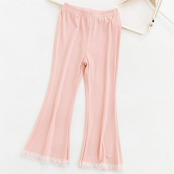 Girls Lace Trim Flared Pants High Waisted Stretchy Bell Buttom Wide Leg Pants Elastic Waist Pull On Yoga Pants Cute Activewear Sweatpants 2-12Y