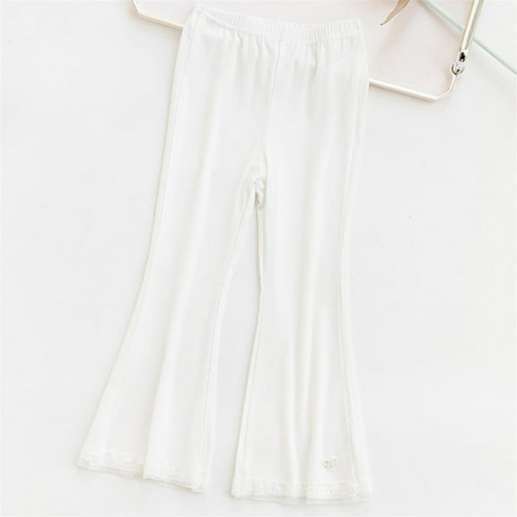 Girls Lace Trim Flared Pants High Waisted Stretchy Bell Buttom Wide Leg Pants Elastic Waist Pull On Yoga Pants Cute Activewear Sweatpants 2-12Y