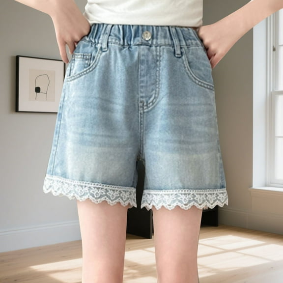 Girls Lace Trim Jean Shorts Elastic Waist Straight Wide Leg Denim Shorts Casual Summer Short Pants with Pockets