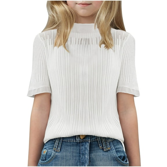 Girls Lace Trim Knit Blouses Tops Short Sleeve Dressy Casual Mock Neck Tee Shirts 6-15Y