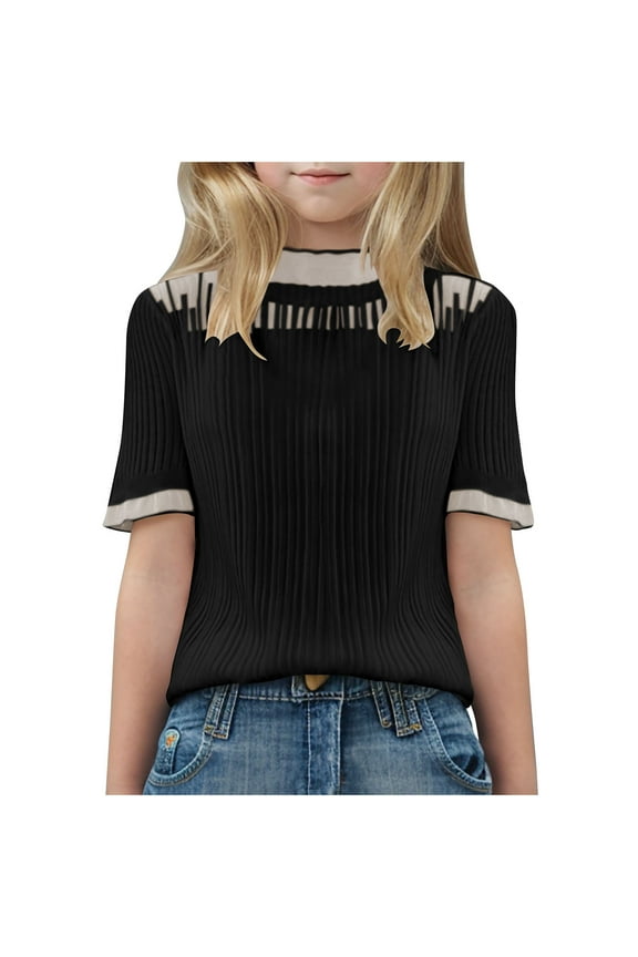 Girls Lace Trim Knit Blouses Tops Short Sleeve Dressy Casual Mock Neck Tee Shirts 6-15Y