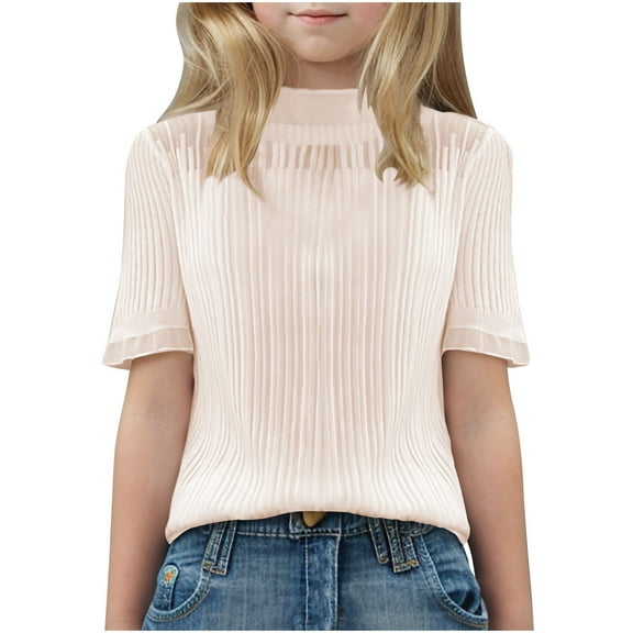 Girls Lace Trim Knit Blouses Tops Short Sleeve Dressy Casual Mock Neck Tee Shirts 6-15Y
