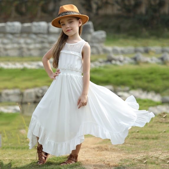 Girls Lace Trim Sleeveless Maxi Dress, Smocked Waist Ruffle Hem Casual Summer Sundress for Kids, Ideal for Weddings, Photoshoots White 9-10 Years