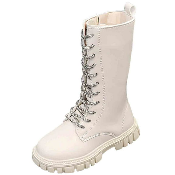 Girls Lace Up Beige Combat Boots with Side Zipper Toddle Kids Knee High Lug Sole Platform Dress Booties