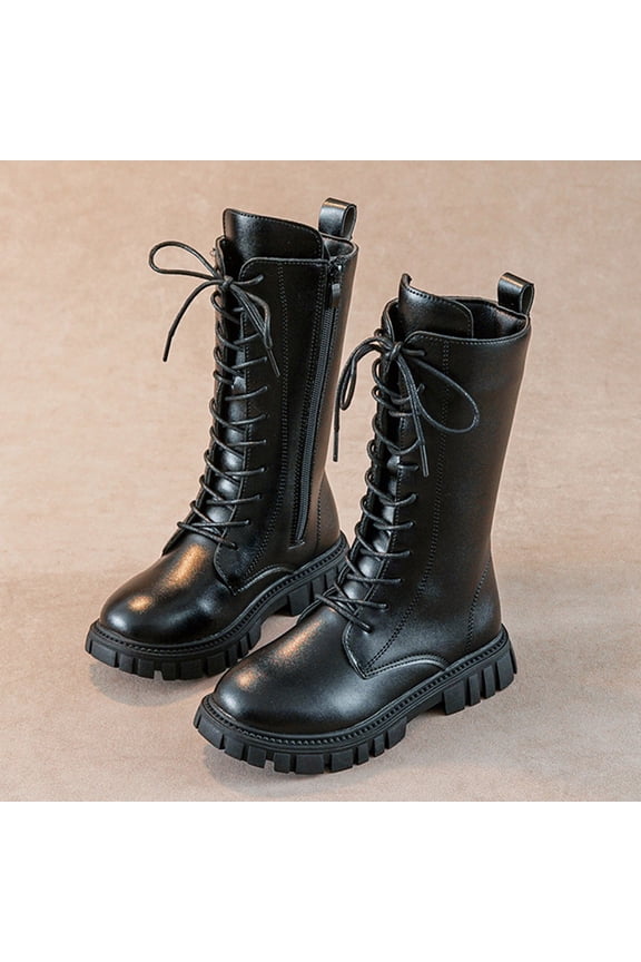 Girls Lace Up Combat Boots Mid Calf Riding Boot Punk Goth Lug Sole Boot (Black 11-11.5 Years)