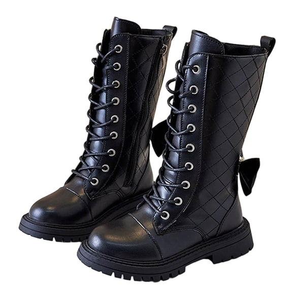 Girls Lace-Up Boots with Side Zipper, Mid Calf Riding Boots - Lug Sole Dress/School Boots – Toddler/Little/Big Kids PU Leather Punk Goth Booties