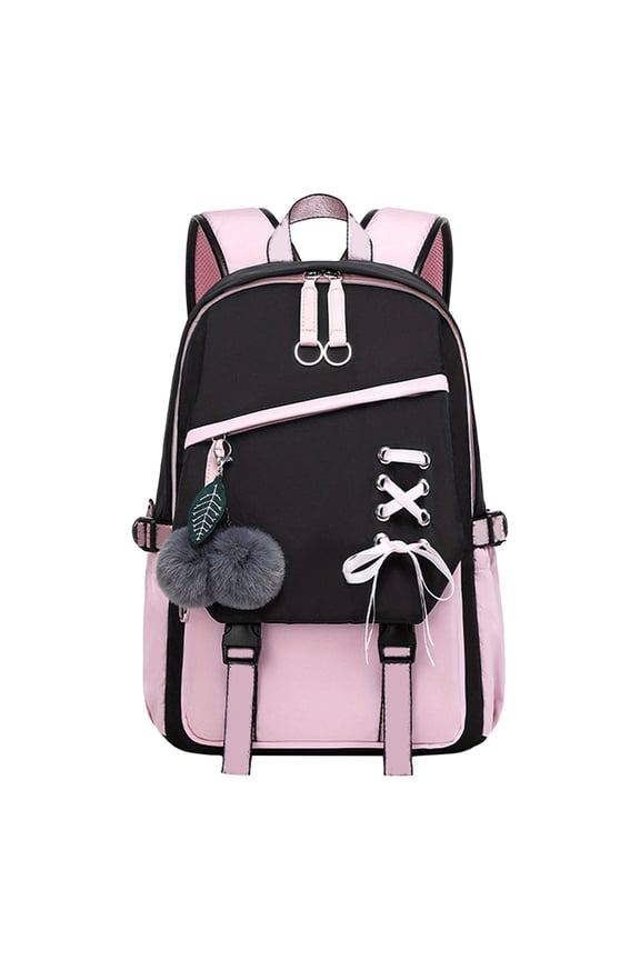 Lace Up Decor Backpack With Fuzzy Pom Pom Pendant Color Block Design Padded Strap Waterproof Back To School Large Bookbag