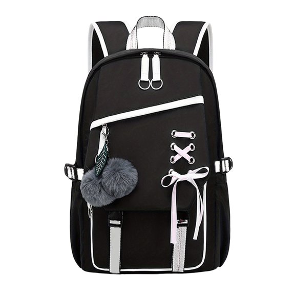 Lace Up Decor Backpack With Fuzzy Pom Pom Pendant Color Block Design Padded Strap Waterproof Back To School Large Bookbag