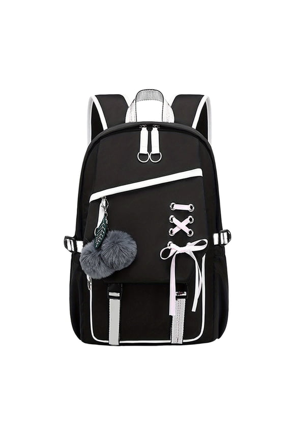 Lace Up Decor Backpack With Fuzzy Pom Pom Pendant Color Block Design Padded Strap Waterproof Back To School Large Bookbag