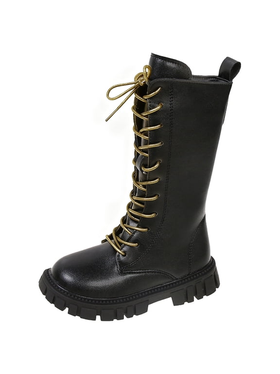 Girls Lace Up Flat Long Boots Comfortable Soft PU Leather Princess Boots for Kids 4-12 Years