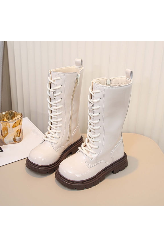 Girls Lace Up Mid Calf Combat Boots Fashion Round Toe Side Zipper Lug Sole Punk Goth Boot For Toddler Little Kid Big Kid