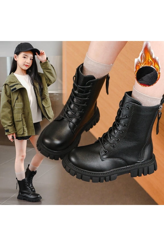 Girls Lace Up Mid Calf Combat Boots Fashion Round Toe Side Zipper Lug Sole Punk Goth Boot For Toddler Little Kid Big Kid
