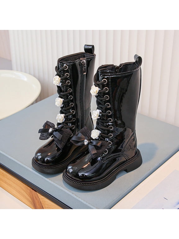 Girls Lace Up Mid Calf Combat Boots Fashion Round Toe Side Zipper Lug Sole Punk Goth Boot For Toddler Little Kid Big Kid