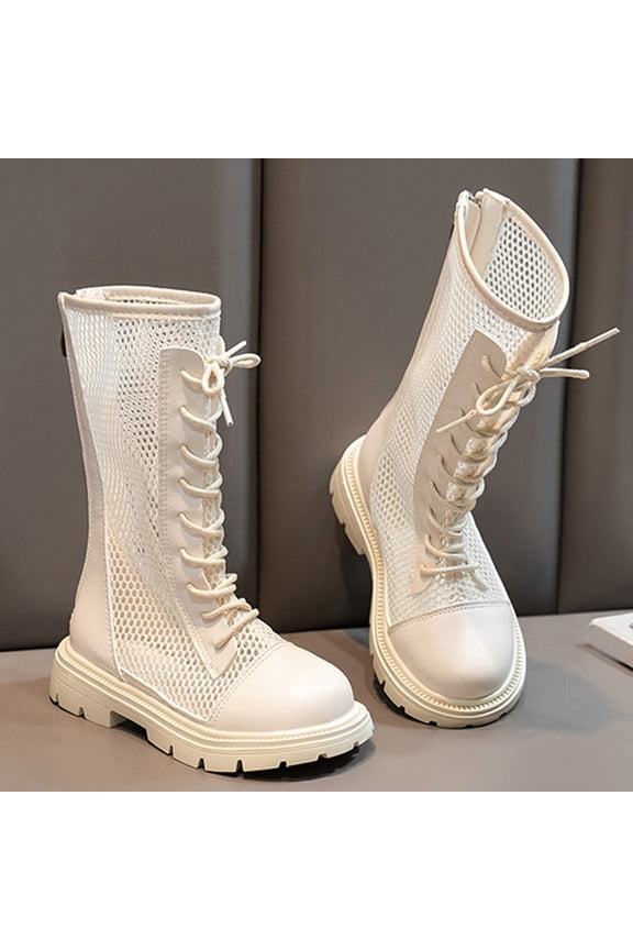 Girls Lace Up Mid Calf Combat Boots Fashion Round Toe Side Zipper Lug Sole Punk Goth Boot For Toddler Little Kid Big Kid