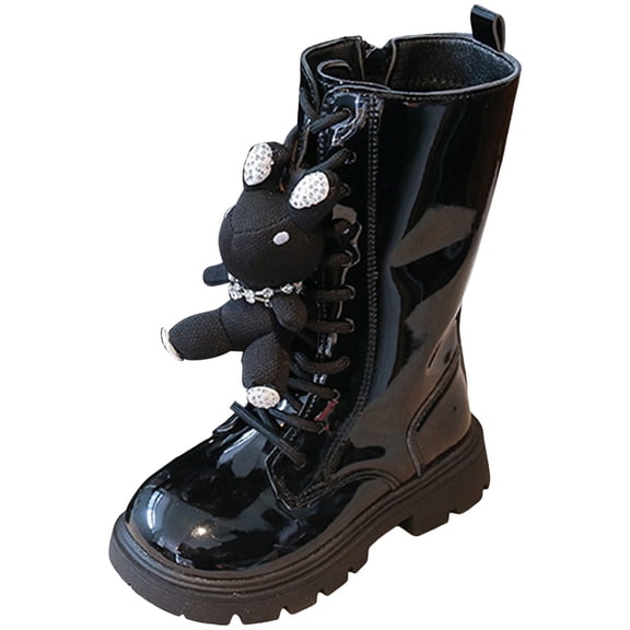 Girls Lace Up Riding Boots Platform Mid Calf Combat Boots PU Leather Side Zipper Punk Gothic Booties