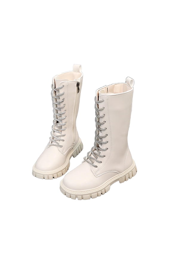 Girls Lace-Up Riding Boots with Side Zipper, Knee-High Lug Sole Dress/School Boots – Toddler/Little/Big Kids Mid Calf Combat Boots PU Leather Punk Goth Booties