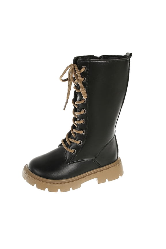 Girls Lace-Up Riding Boots with Side Zipper, Knee-High Lug Sole Dress/School Boots – Toddler/Little/Big Kids Mid Calf Combat Boots PU Leather Punk Goth Booties