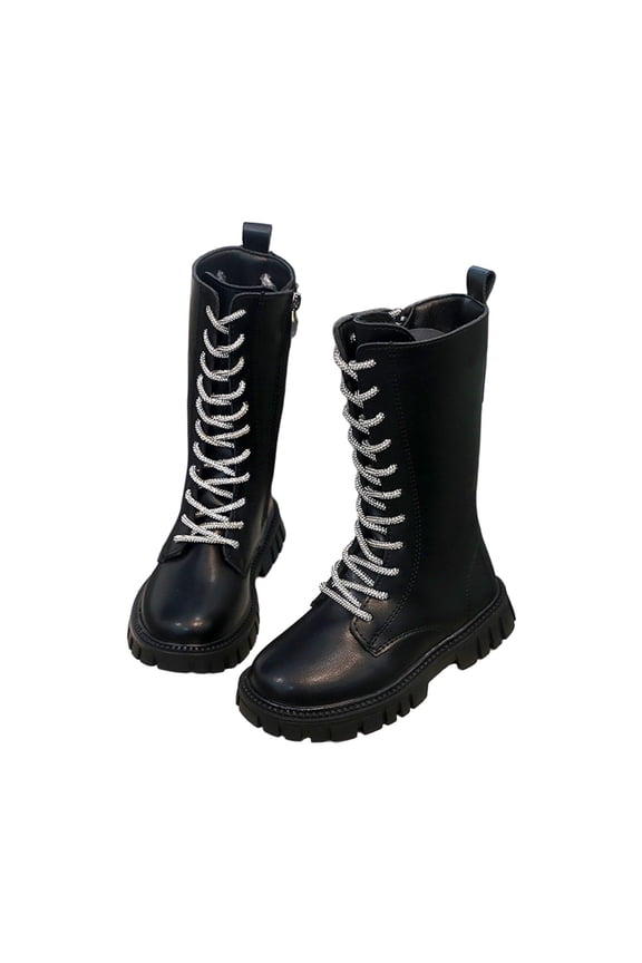 Girls Lace-Up Riding Boots with Side Zipper, Knee-High Lug Sole Dress/School Boots – Toddler/Little/Big Kids Mid Calf Combat Boots PU Leather Punk Goth Booties