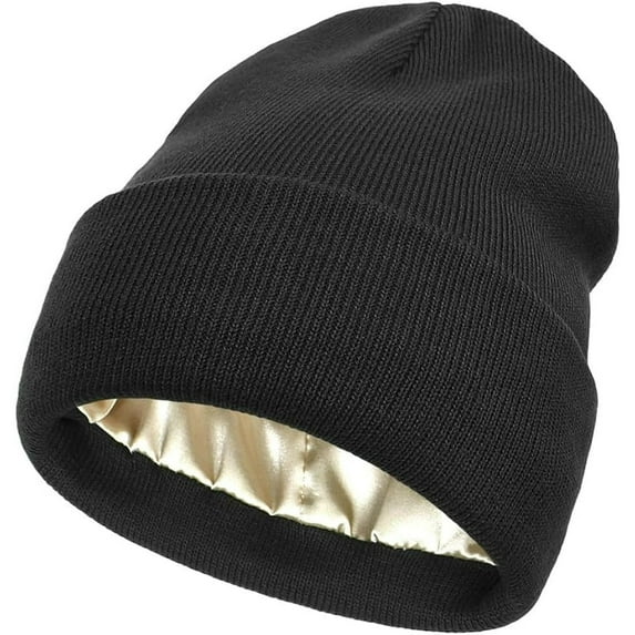 Girls Ladies Winter Warm Knitted Hat Satin Silk Lined Cable Knit Beanie Chunky Slouchy Skull Cap Ski Outdoor for Men Women, Black