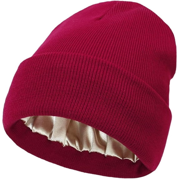 Girls Ladies Winter Warm Knitted Hat Satin Silk Lined Cable Knit Beanie Chunky Slouchy Skull Cap Ski Outdoor for Men Women, Wine Red