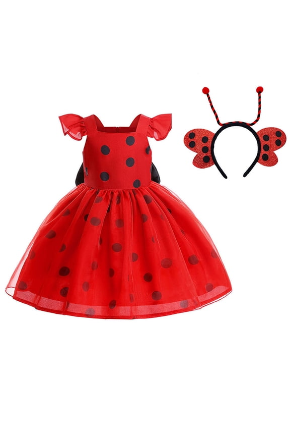Girls Ladybird Dots Dress Halloween Superhero Costume Dress Up, 1-7 Year