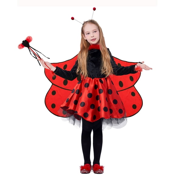 Girls Ladybug Costume, Deluxe Kids Animal Fancy Dress Outfit with Wings (10pcs Set)