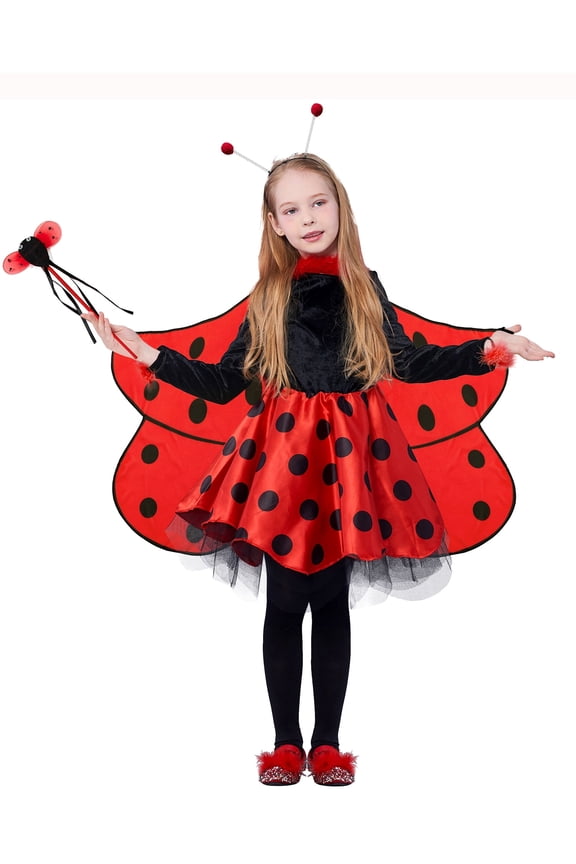 Girls Ladybug Costume, Deluxe Kids Animal Fancy Dress Outfit with Wings (10pcs Set)
