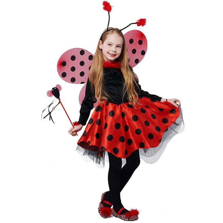 Girls Ladybug Costume, Deluxe Animal Fancy Dress Outfit with Wings (10pcs  Set) 