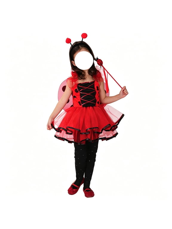 Girls Ladybug Halloween Cosplay Costume Set, Polka Dot Spaghetti Strap Tutu Dress with Wings Wand Headband, Soft Tulle Fabric for Kids Party Dress Up Red L