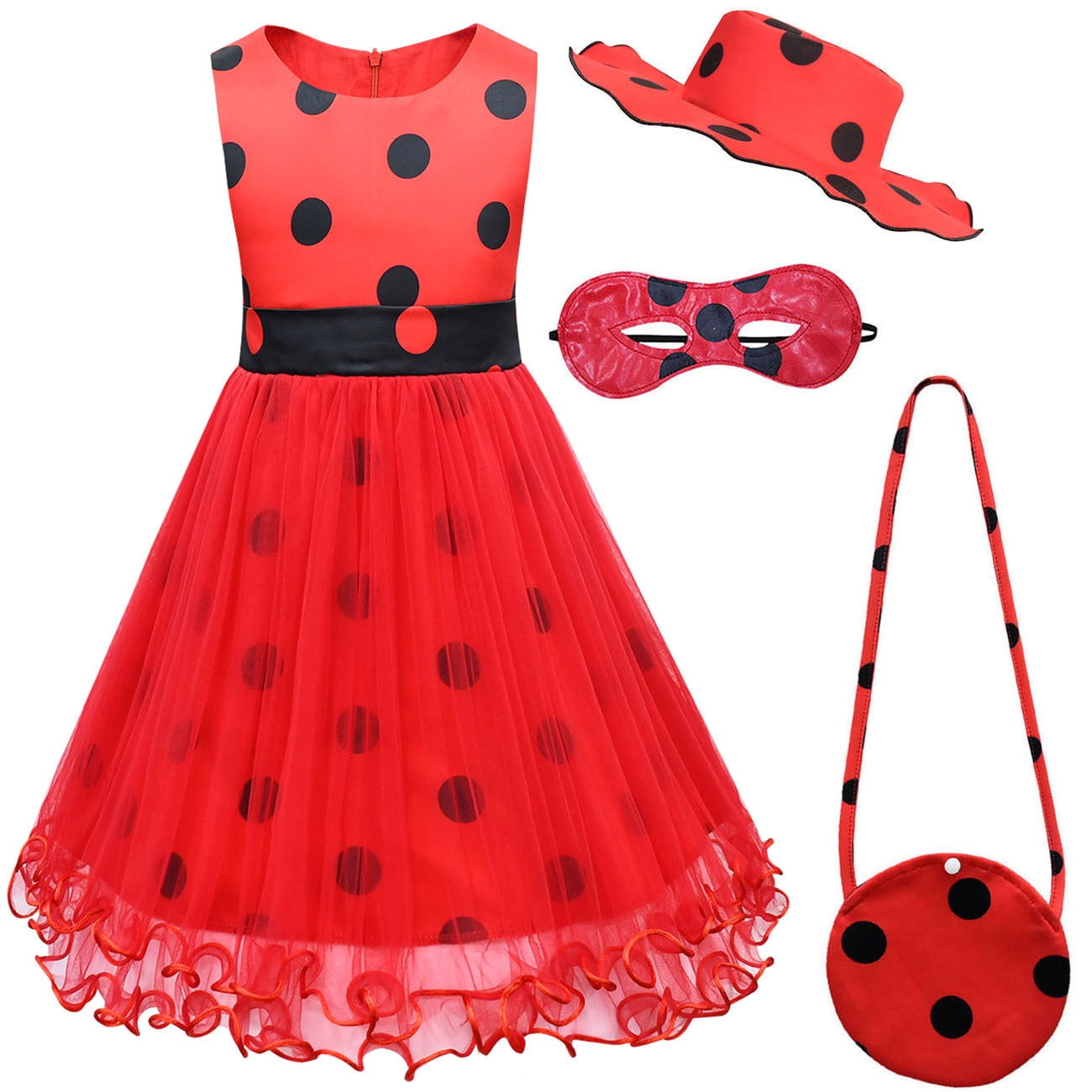 Girls Ladybug Sleeveless Polka dot Dress Halloween Party Costume With