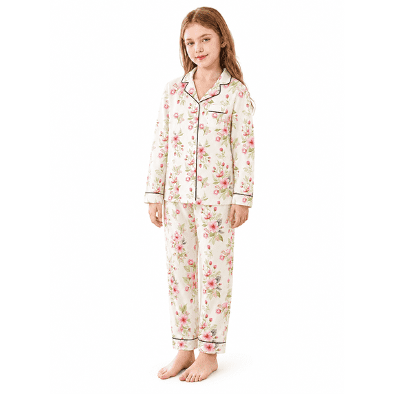 Girls Lapel Button Down Pajama 2 Piece Set Long Sleeve Top and Long Pants Kids Sleep Loungewear Outfit