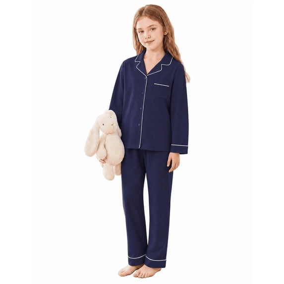 Girls Lapel Button Down Pajama 2 Piece Set Long Sleeve Top and Long Pants Kids Sleep Loungewear Outfit